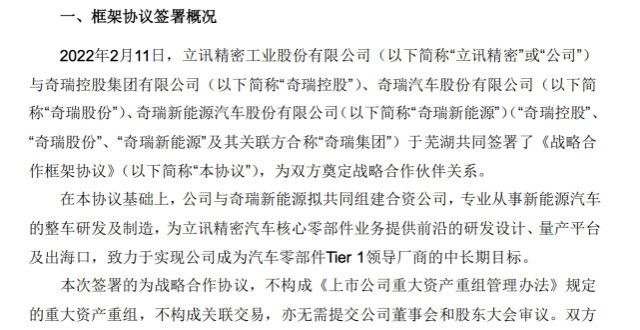 合同延至年立讯精密与奇瑞从事新能源车研发制造，曾2000万汽车配件批发公司汽势闪