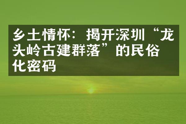 乡土情怀：揭开深圳“龙头岭古建群落”的民俗文化密码