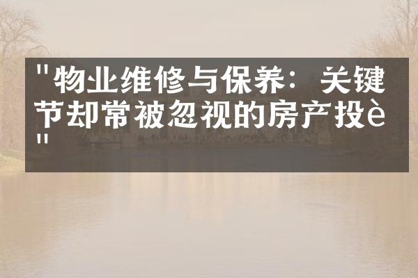 "物业维修与保养：关键环节却常被忽视的房产投资"